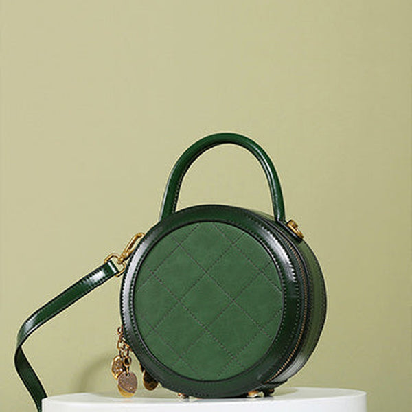 Womens Green Leather Round Handbag Small Crossbody Purse Round Shoulder Bag for Women
