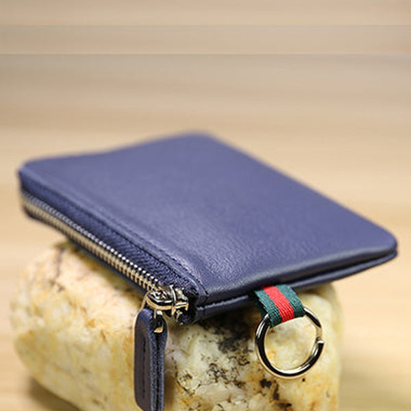 Slim Women Navy Leather Mini Zip Wallet with Keychain Billfold Minimalist Coin Wallet Small Zip Change Wallet For Women