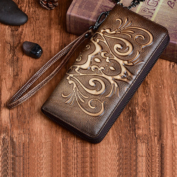 Handmade Womens Floral Coffee Leather Zip Around Wallet Wristlet Wallet Floral Ladies Zipper Clutch Wallet for Women