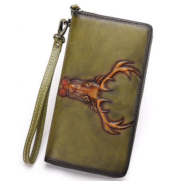 Vintage Reindeer Green Leather Wristlet Wallets Womens Zip Around Wallet Reindeer Ladies Zipper Clutch Wallets for Women