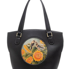 Handmade Womens Brown Leather Tote Handbag Purse Birds Tote Bag for Women