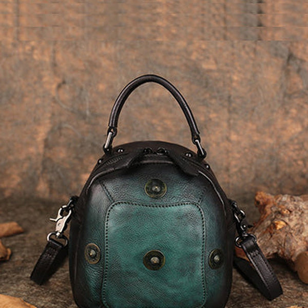 Small Green Leather Womens Rivets Shoulder Bag Barrel Small Handmade Handbag Purse for Ladies