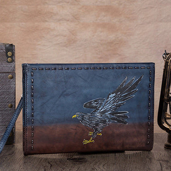 Vintage Handmade Blue Leather Wristlet Wallet Womens Eagle Large Zip Purse Zipper Clutch Bag for Women