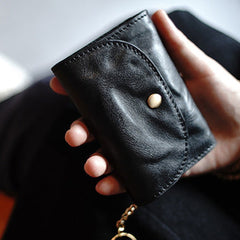 Cute Women Black Leather Mini Wallet with Keychain Billfold Minimalist Coin Wallet Small Zip Change Wallet For Women