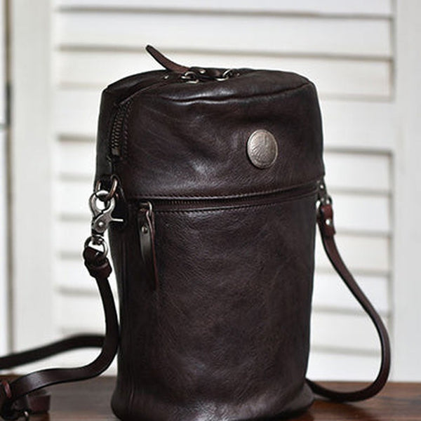 Womens Coffee Leather Bucket Crossbody Bag Purse Vintage Handmade Round Barrel Shoulder Bag for Women