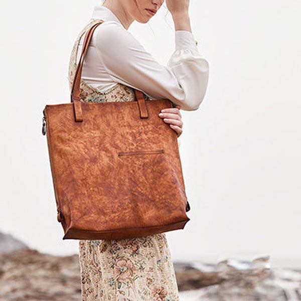Best Brown Leather Womens Vertical Totes Handbag Handmade Vintage Tote Shoulder Purse for Ladies