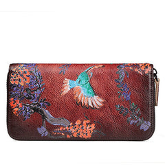 Womens Wisteria Flower Red Leather Zip Around Wallet Wristlet Wallet Flower Ladies Zipper Clutch Wallet for Women