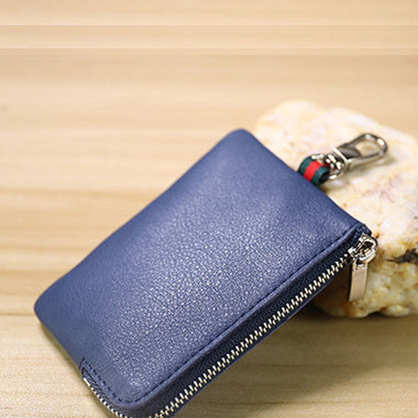 Slim Women Navy Leather Zip Wallet with Keychains Minimalist Coin Wallet Small Zip Change Wallet For Women