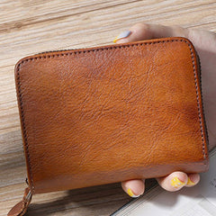Small Brown Leather Bifold Wallet Vintage Billfold Cute Women Zip Wallet For Ladies