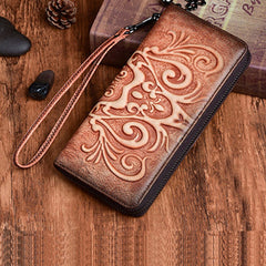Handmade Womens Floral Brown Leather Zip Around Wallet Wristlet Wallet Floral Ladies Zipper Clutch Wallet for Women