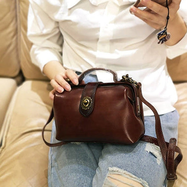 Small Womens Coffee Leather Doctor Handbag Purses Vintage Coffee Doctor Side Purse for Women