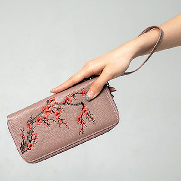 Handmade Embroidery Pink Leather Wristlet Wallet Womens Zip Around Wallets Flowers Plum Blossom Ladies Zipper Clutch Wallet for Women