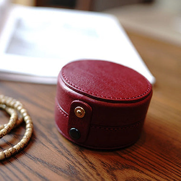Cute Women Red Leather Round Coin Wallet Box Small Portable Jewelry Storage Box For Women
