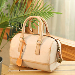 Vintage Womens Waxed Leather Beige Boston Handbags Purse Small Beige Side Boston Bag Purse for Women