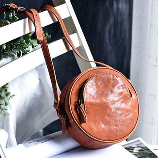 Womens Brown Leather Round Crossbody Bag Handmade Round Small Shoulder Bag for Women