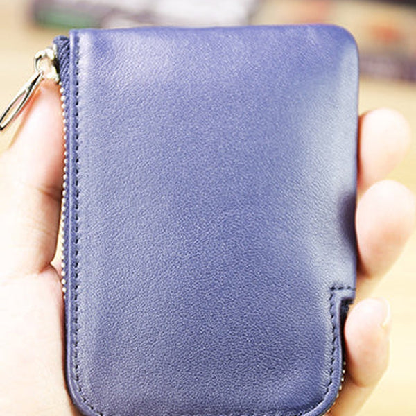 Women Leather Mini Zip Wallet Navy Billfold Slim Coin Wallets Small Zip Change Wallet For Women