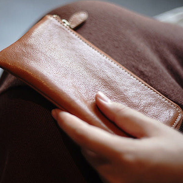 Cute Women Brown Zip Leather Wallet Zip Clutch Wallet Slim Zip Wallet For Women