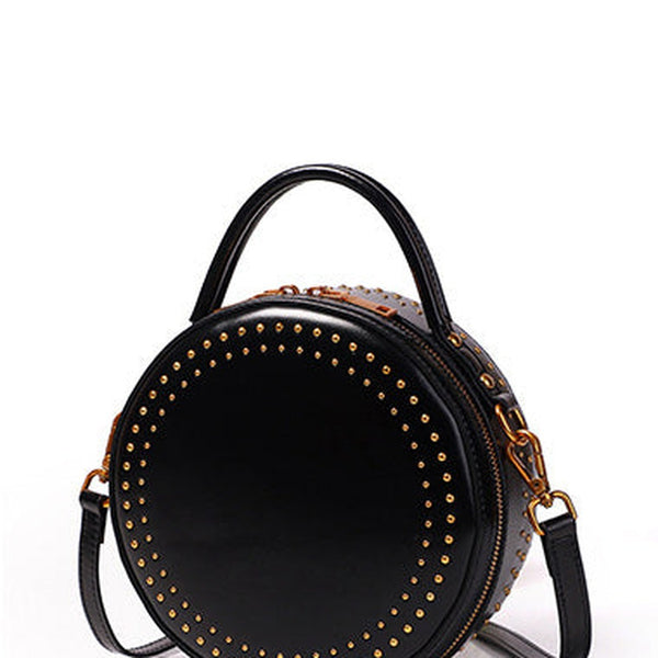 Womens Black Leather Round Handbag with Rivet Crossbody Purse Black Round Shoulder Bag for Women