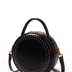 Womens Black Leather Round Handbag with Rivet Crossbody Purse Black Round Shoulder Bag for Women