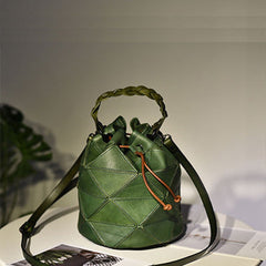 Womens Green Leather Bucket Shoulder Bag Purse Vintage Split Joint Barrel Round Handbag Crossbody Purse for Women