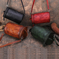 Vintage Leather Womens Barrel Shoulder Bag Bucket Crossbody Purse for Women