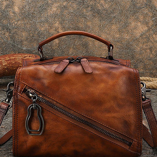 Best Brown Leather Womens Buston Handbag Handmade Cube Handbag Crossbody Purse for Ladies