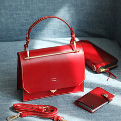 Fashion Womens Red Leather Flap Over Handbag Purse Handmade Square Crossbody Bag Shoulder Bag Purse