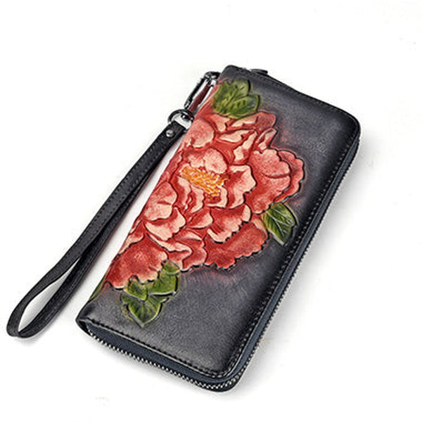 Womens Peony Flower Black Leather Wristlet Wallet Zip Around Wallets Floral Ladies Zipper Clutch Wallet for Women