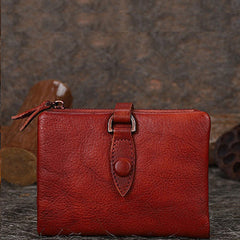 Red Small Leather Bifold Wallet Vintage Billfold Cute Women Buckle Wallet For Ladies