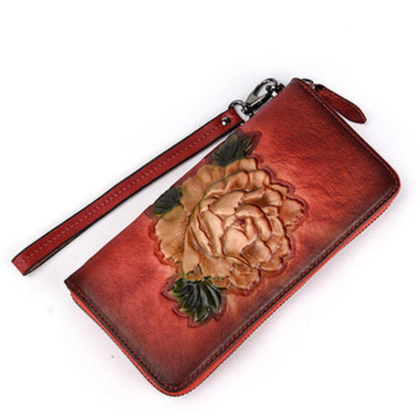 Womens Red Leather Zip Around Wallet Peony Flower Wristlet Wallet Floral Ladies Zipper Clutch Wallet for Women