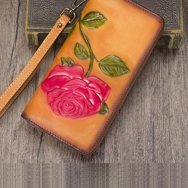 Vintage Rose Flower Tan Leather Wristlet Wallet Womens Rose Zip Around Wallets Flower Ladies Zipper Clutch Wallet for Women