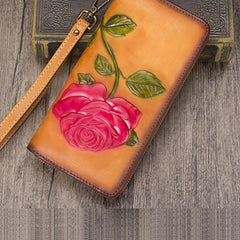 Vintage Rose Flower Tan Leather Wristlet Wallet Womens Rose Zip Around Wallets Flower Ladies Zipper Clutch Wallet for Women