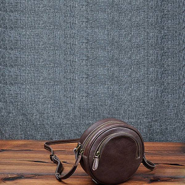 Cute Womens Small Coffee Leather Round Crossbody Purse Vintage Round Coffee Shoulder Bag for Women