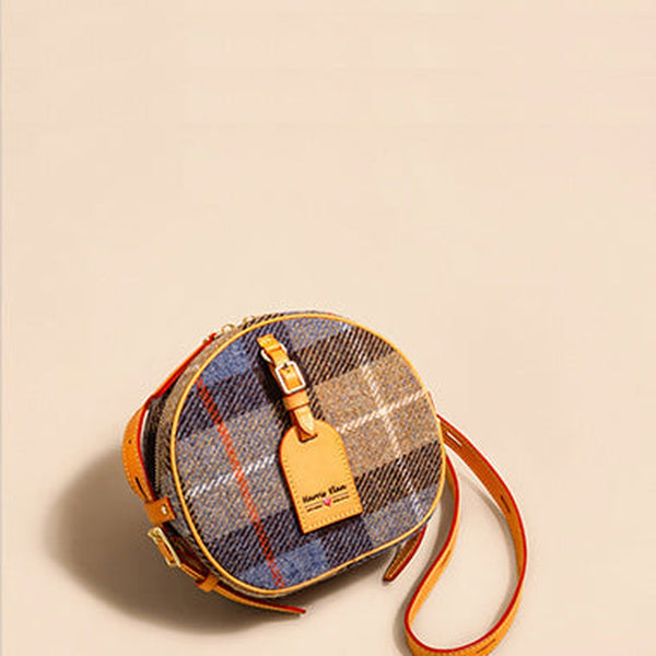 Cute Womens Small Blue Leather Tweed Round Crossbody Purse Handmade Round Shoulder Bag for Women