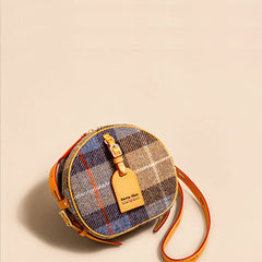 Cute Womens Small Blue Leather Tweed Round Crossbody Purse Handmade Round Shoulder Bag for Women