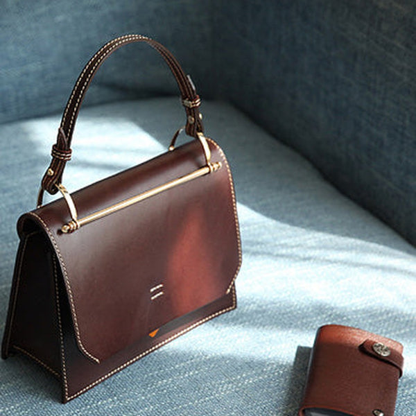 Fashion Womens Coffee Leather Flap Over Handbag Purse Handmade Square Crossbody Bag Shoulder Bag Purse