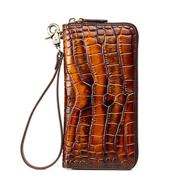 Crocodile Pattern Coffee&Yellow Leather Wristlet Wallet Womens Zip Around Wallets CONTRAST COLOR Ladies Zipper Clutch Wallets for Women