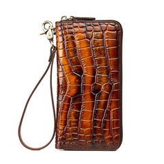 Crocodile Pattern Coffee&Yellow Leather Wristlet Wallet Womens Zip Around Wallets CONTRAST COLOR Ladies Zipper Clutch Wallets for Women