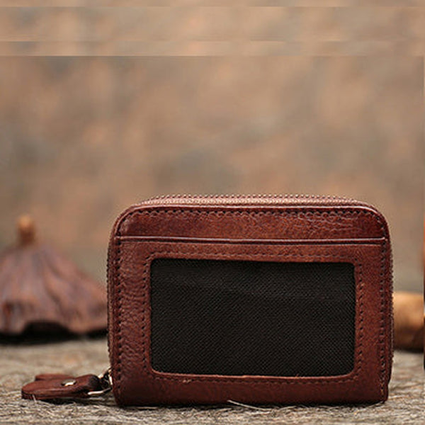 Vintage Women Coffee Leather Card Holders Small Double Zip Card Wallet Small Wallet For Women