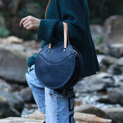 Vintage Womens Blue Leather Round Handbag Purses Green Round Shoulder Bag Crossbody Purse for Women