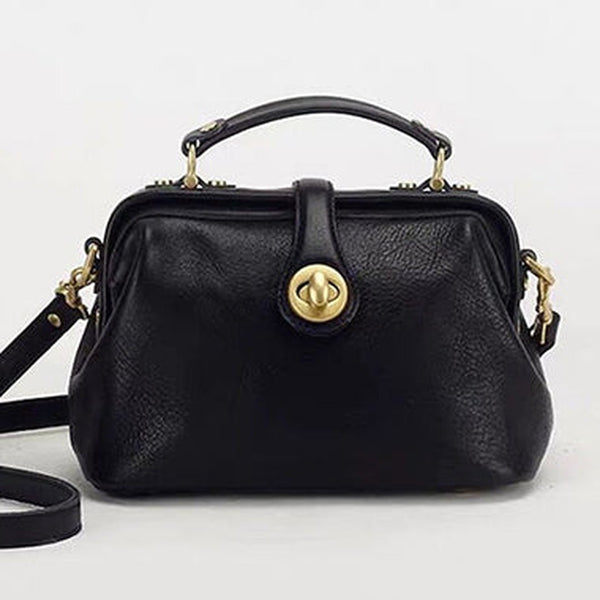 Handmade Womens Black Leather Doctor Handbag Purse Vintage Small Doctor Shoulder Bag for Women