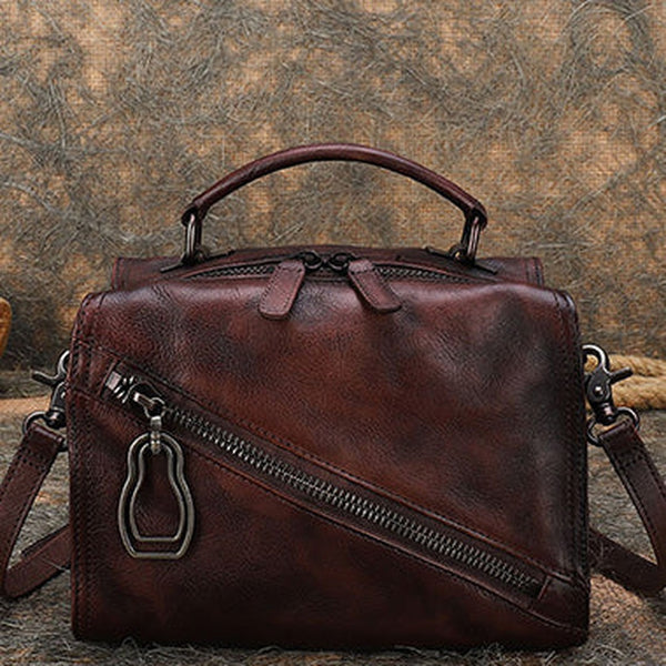 Best Coffee Leather Womens Buston Handbag Handmade Cube Handbag Crossbody Purse for Ladies