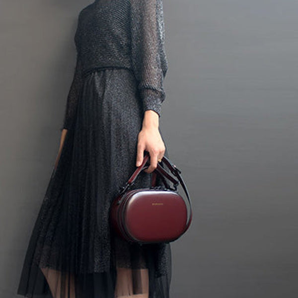 Womens Red Leather Small Round Handbag Purse Round Crossbody Bag Shoulder Bag for Women