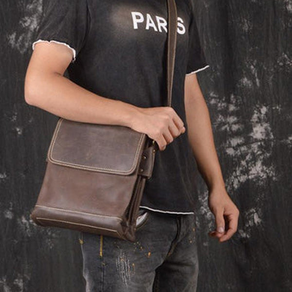 Black LEATHER MEN'S Vertical Side bag  Vertical MESSENGER BAG Small Courier Bag FOR MEN