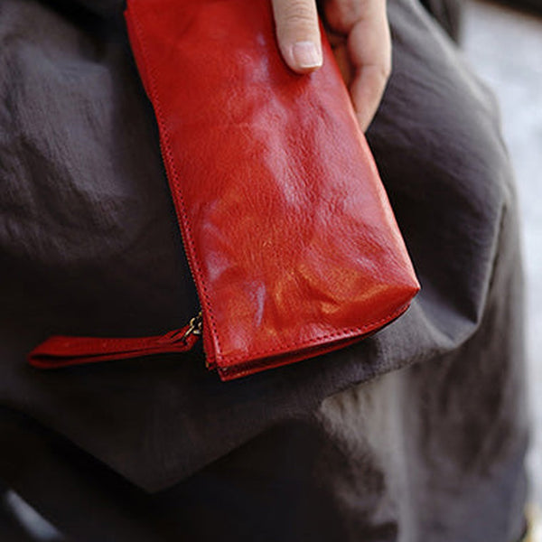 Vintage Red Leather Wristlet Wallet Womens Zip Around Wallets Red Ladies Zipper Clutch Wallet for Women