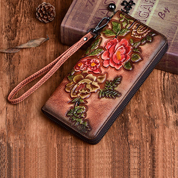 Womens Peony Flower Brown Leather Zip Around Wallet Wristlet Wallet Floral Ladies Zipper Clutch Wallet for Women