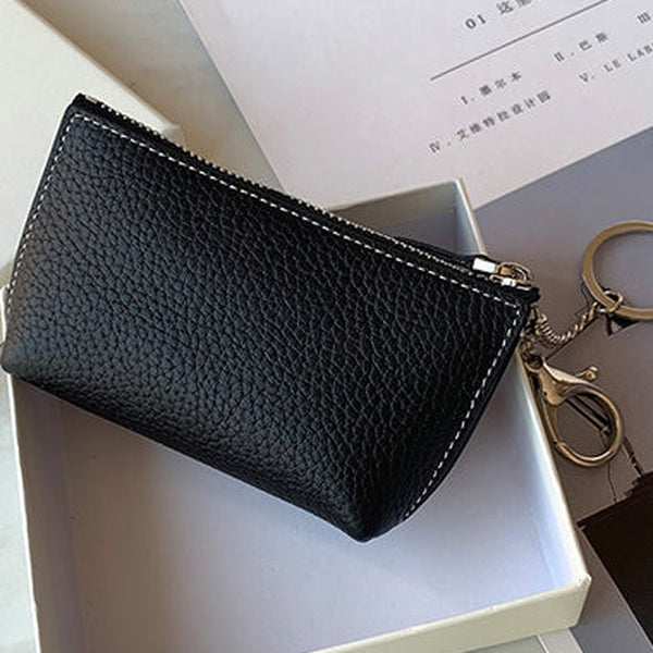 Cute Women Black Leather Small Change Wallet Keychain with Wallet Zipper Coin Wallet For Women