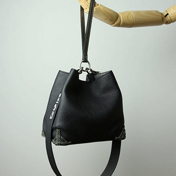Black Womens Leather Bucket Shoulder Purse Womens Barrel Black Leather Handbag Shoulder Bag for Ladies