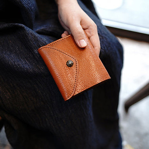 Envelope Womens Tan Leather Billfold Wallet Small Wallet with Coin Pocket Mini Envelope Wallet for Ladies