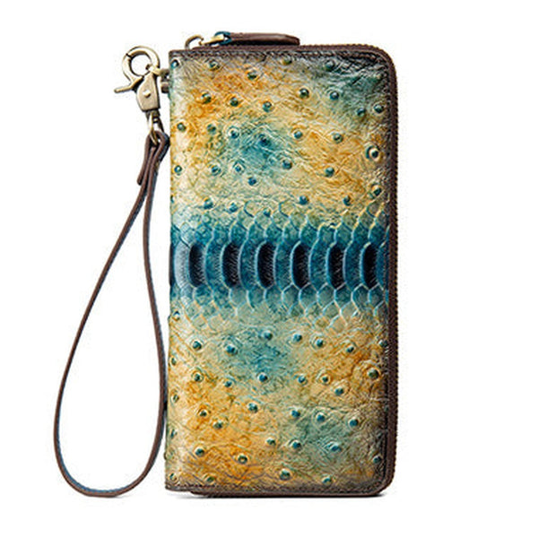 Womens Blue&Yellow Leather Zip Around Wallets Ostrich Pattern Wristlet Wallets Ladies Zipper Clutch Wallet for Women